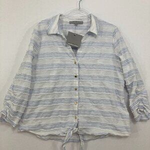 New Andrew Marc XL Blue White Striped Ruched Sleeve Gauze Button Tie Front Shirt